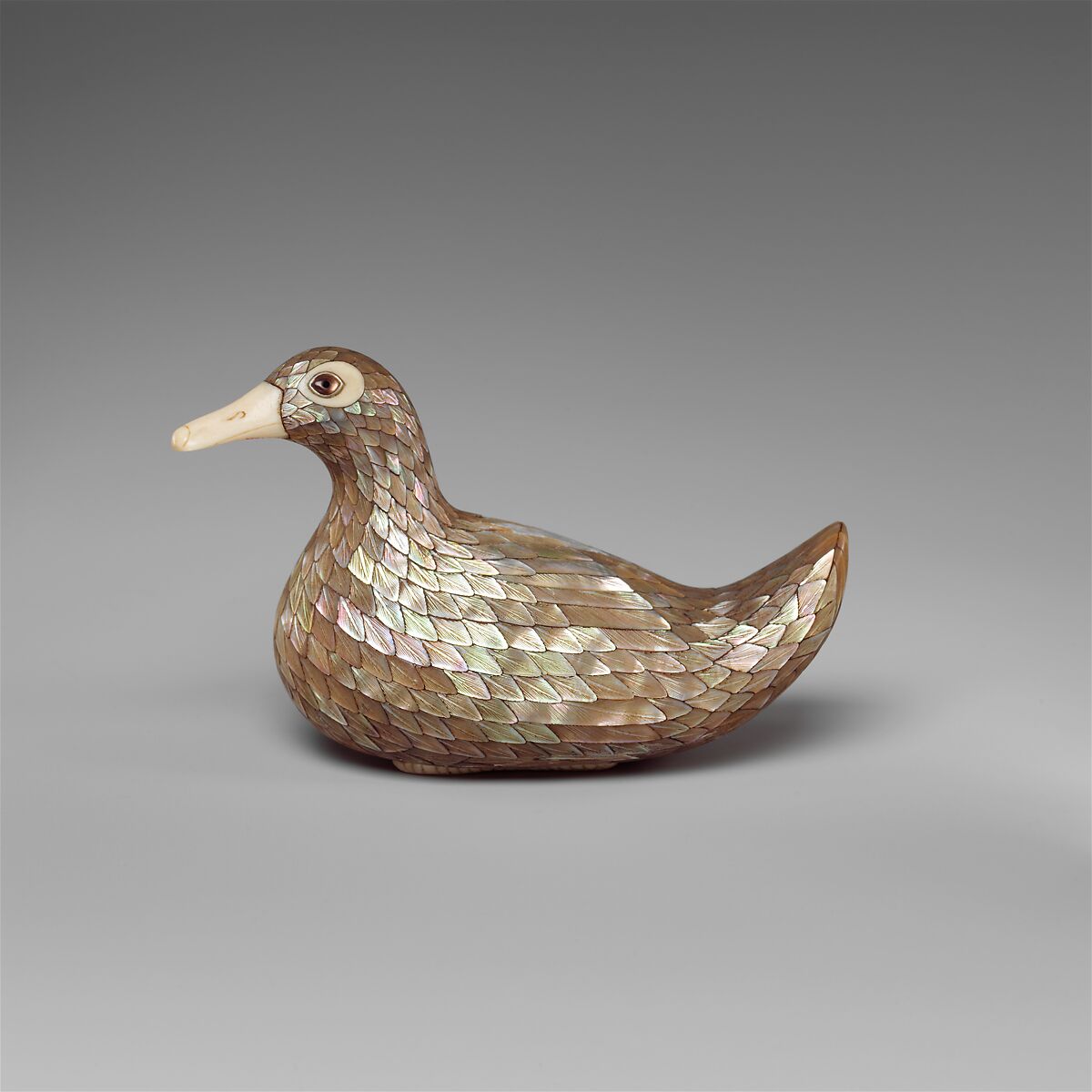 One of a Pair of Boxes in the Shape of Ducks, Wood with mother-of-pearl, ivory, and glass, China 