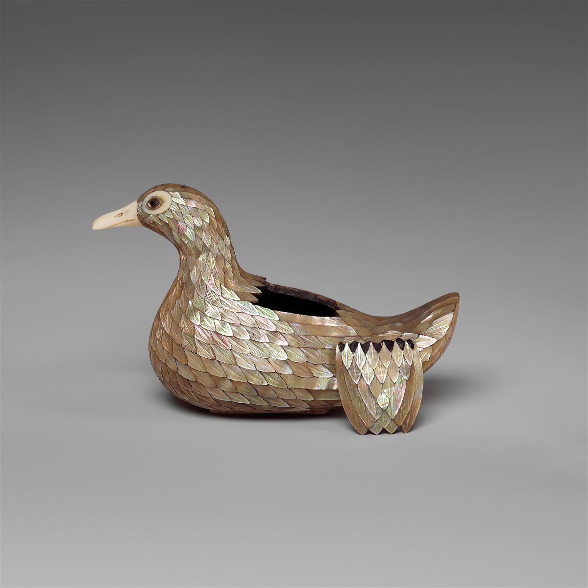 One of a Pair of Boxes in the Shape of Ducks, Wood with mother-of-pearl, ivory, and glass, China