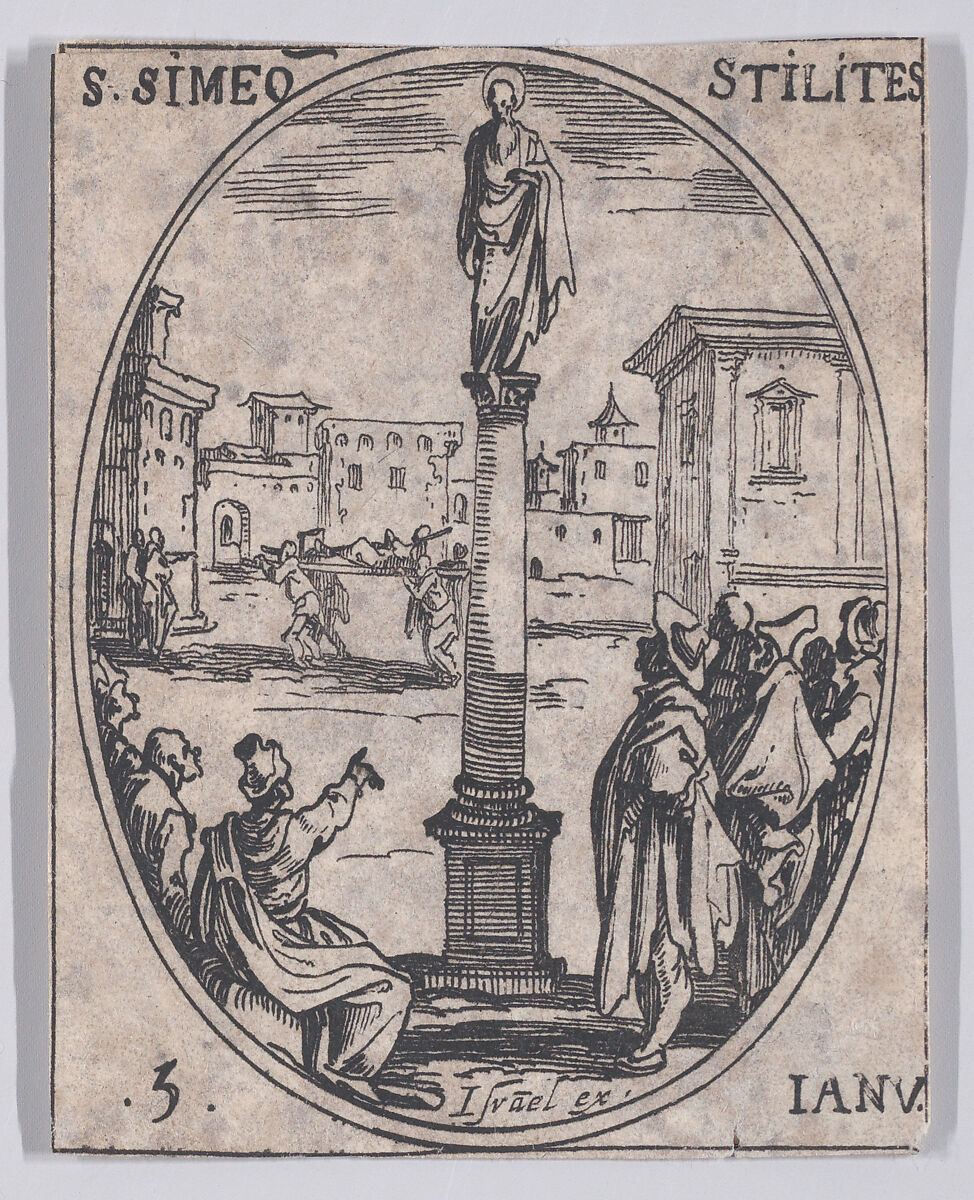 S. Siméone Stylite (St. Simeon Stylites), January 5th, from "Les Images De Tous Les Saincts et Saintes de L'Année" (Images of All of the Saints and Feast Days of the Year), Jacques Callot (French, Nancy 1592–1635 Nancy), Etching; second state of two (Lieure) 