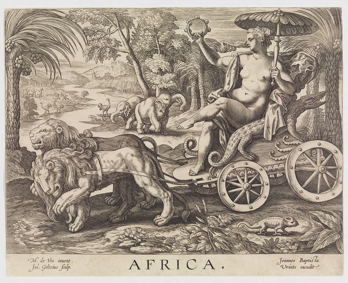Allegory of Africa, from "The Four Continents", Julius Goltzius (Netherlandish, died ca. 1595), Engraving 