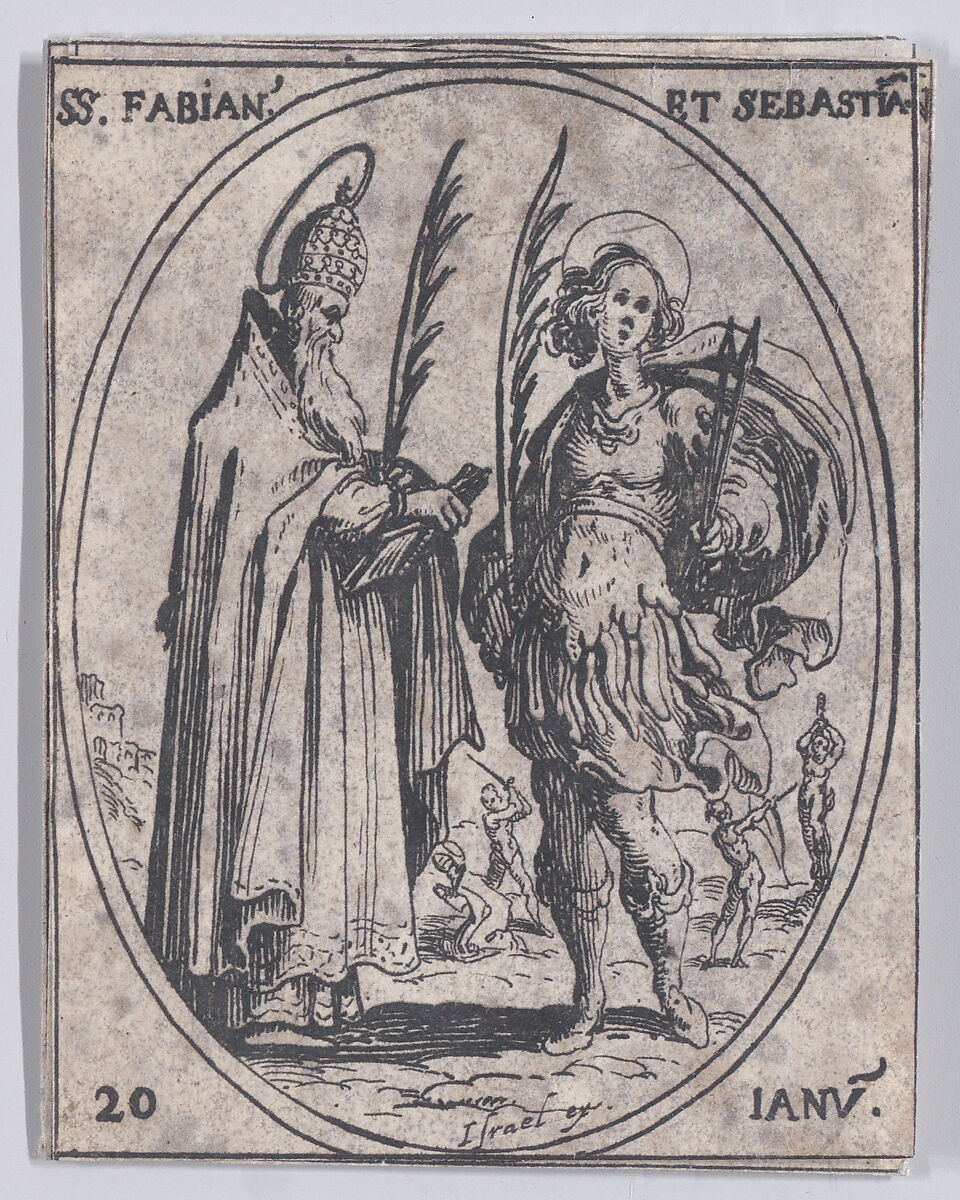 S. Fabien et S. Sébastien (St. Fabian and St. Sebastian), January 20th, from "Les Images De Tous Les Saincts et Saintes de L'Année" (Images of All of the Saints and Feast Days of the Year), Jacques Callot (French, Nancy 1592–1635 Nancy), Etching; second state of two (Lieure) 