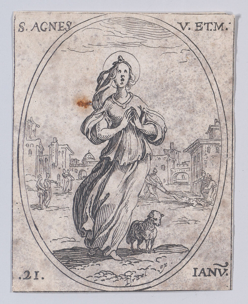 Ste. Agnés, vierge et martyre (St. Agnes, Virgin and Martyr), January 21st, from "Les Images De Tous Les Saincts et Saintes de L'Année" (Images of All of the Saints and Feast Days of the Year), Jacques Callot (French, Nancy 1592–1635 Nancy), Etching; second state of two (Lieure) 