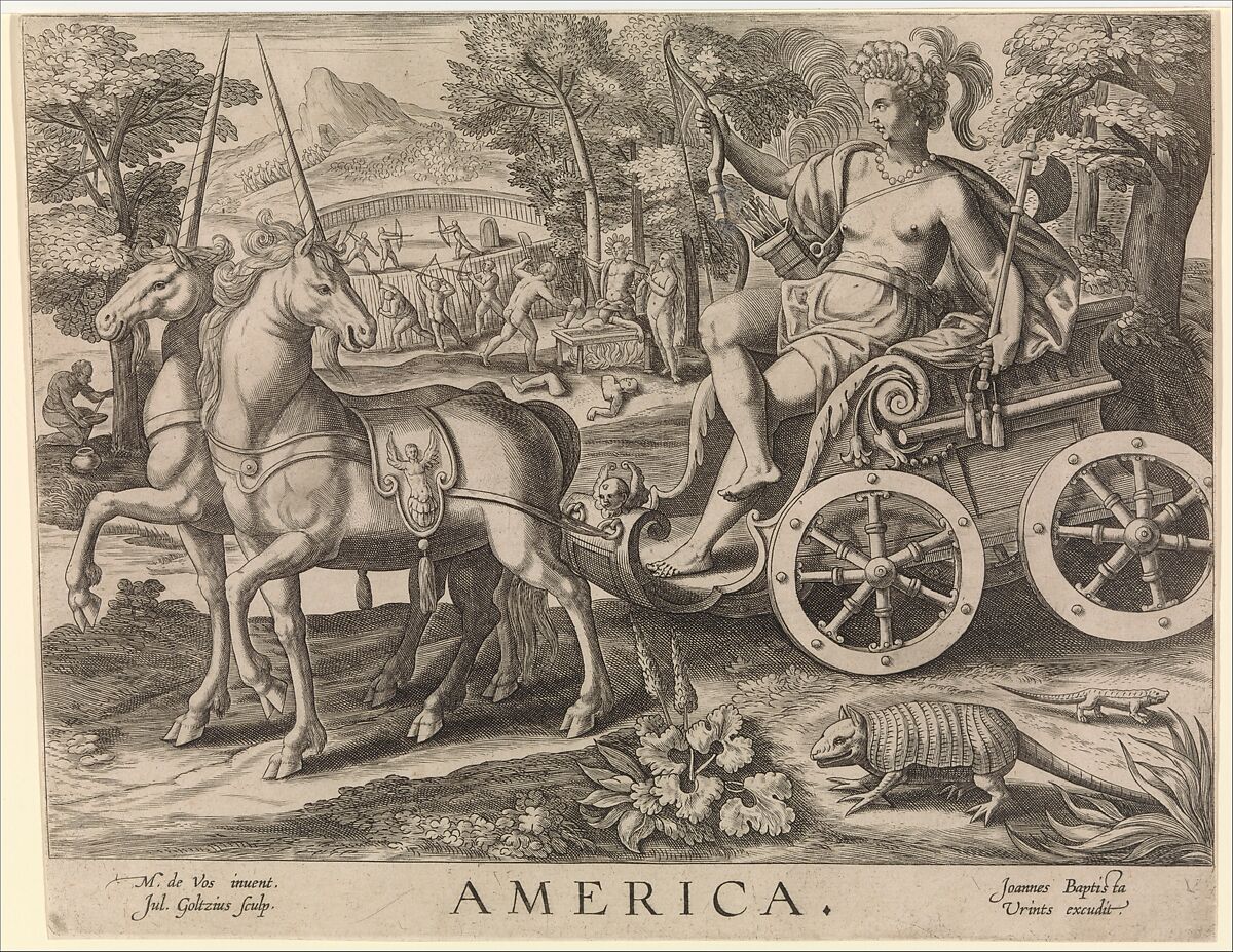 Allegory of America, from "The Four Continents", Julius Goltzius (Netherlandish, died ca. 1595), Engraving 