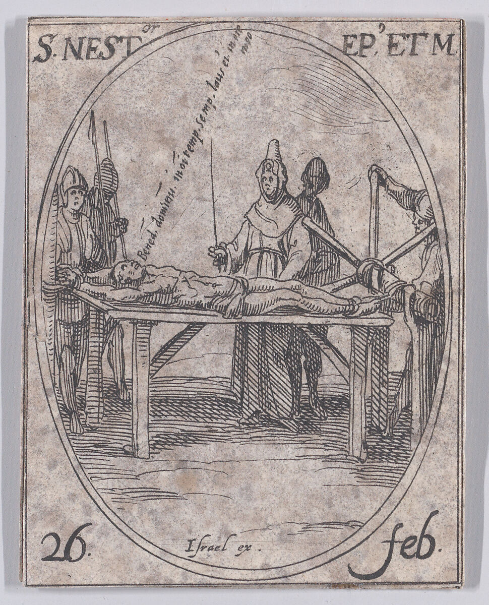 S. Nestor, évêque et martyr (St. Nestor, Bishop and Martyr), February 26th, from "Les Images De Tous Les Saincts et Saintes de L'Année" (Images of All of the Saints and Religious Events of the Year), Jacques Callot (French, Nancy 1592–1635 Nancy), Etching; second state of two (Lieure) 