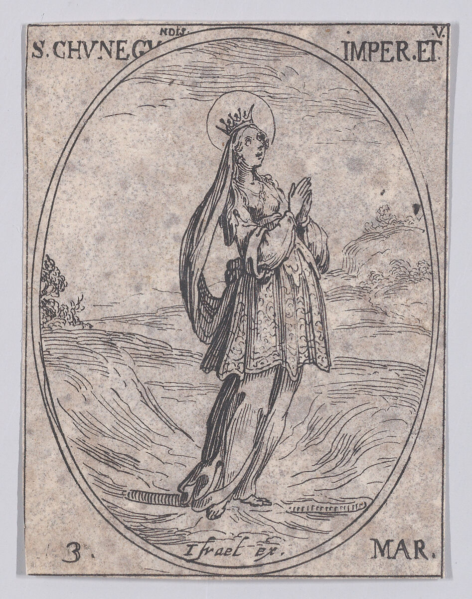 Ste. Cunégonde, impératrice et vierge (St. Cunegund, Empress and Virgin), March 3rd, from "Les Images De Tous Les Saincts et Saintes de L'Année" (Images of All of the Saints and Religious Events of the Year), Jacques Callot (French, Nancy 1592–1635 Nancy), Etching; second state of two (Lieure) 