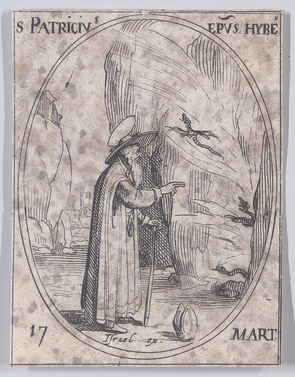 Ste. Patrice, évêque d'Irelande (St. Patrick, Bishop of Ireland), March 17th, from "Les Images De Tous Les Saincts et Saintes de L'Année" (Images of All of the Saints and Religious Events of the Year), Jacques Callot (French, Nancy 1592–1635 Nancy), Etching; second state of two (Lieure) 