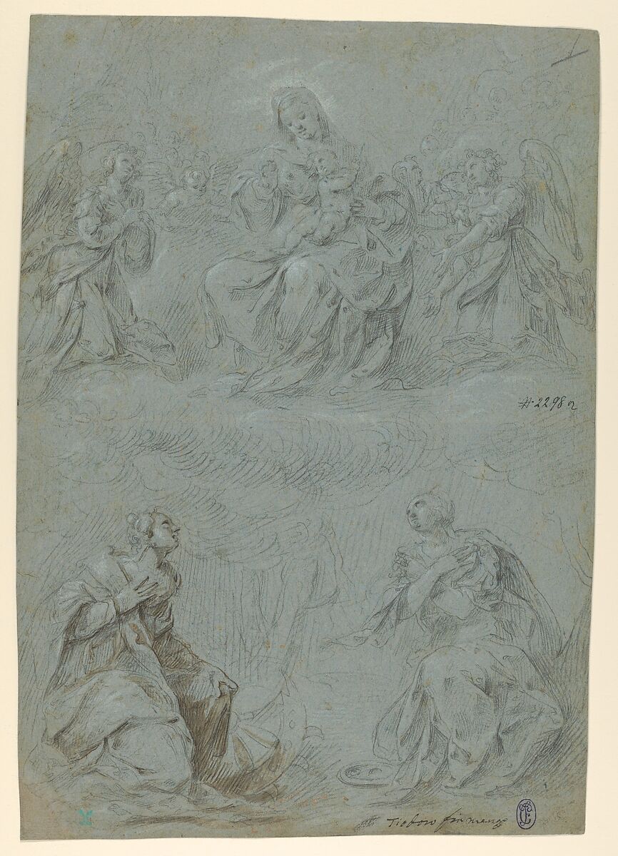 The Virgin and Child in Glory Adored by Saints Catherine and Lucy, Dirck Hendricksz., called Centen, also called Teodoro d'Errico (Netherlandish, Amsterdam 1542/43–1618 Amsterdam), Black chalk, pen and brown ink, brush and brown wash, heightened with white chalk