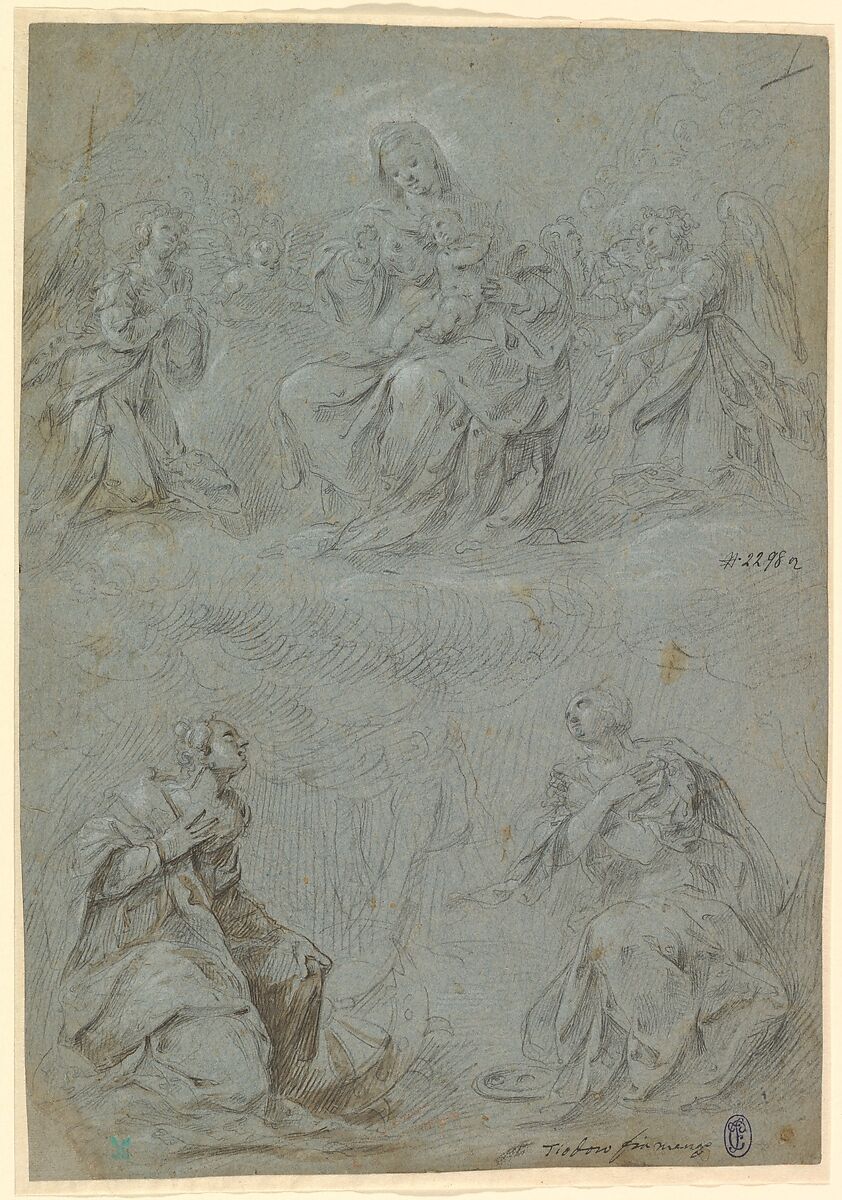 The Virgin and Child in Glory Adored by Saints Catherine and Lucy, Dirck Hendricksz., called Centen, also called Teodoro d&#39;Errico (Netherlandish, Amsterdam 1542/43–1618 Amsterdam), Black chalk, pen and brown ink, brown wash, heightened with white chalk, on blue paper 