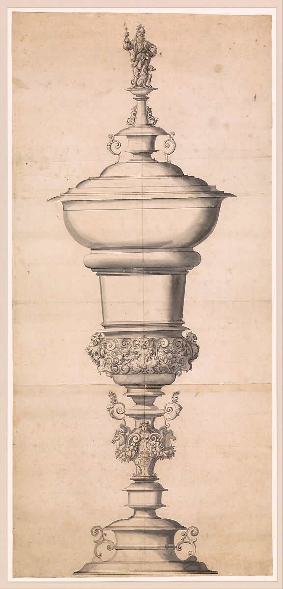 Design for a Large Goblet, Attributed to Jost Amman (Swiss, Zurich before 1539–1591 Nuremberg), Pen and black ink, washes in several gray tones 