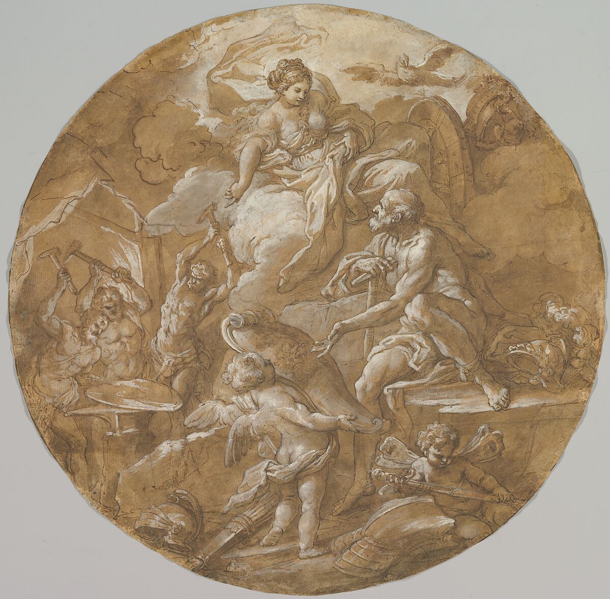 Venus at the Forge of Vulcan (recto); Sketches with Two Putti (verso), Sebastiano Conca (Italian, Gaeta 1676 or 1680–1764 Naples), Pen with black-brown and lighter brown ink, brush and brown wash, highlighted with white gouache, over black chalk, on paper washed light brown (recto); pen and medium-brown ink, on unprepared buff paper (verso) 