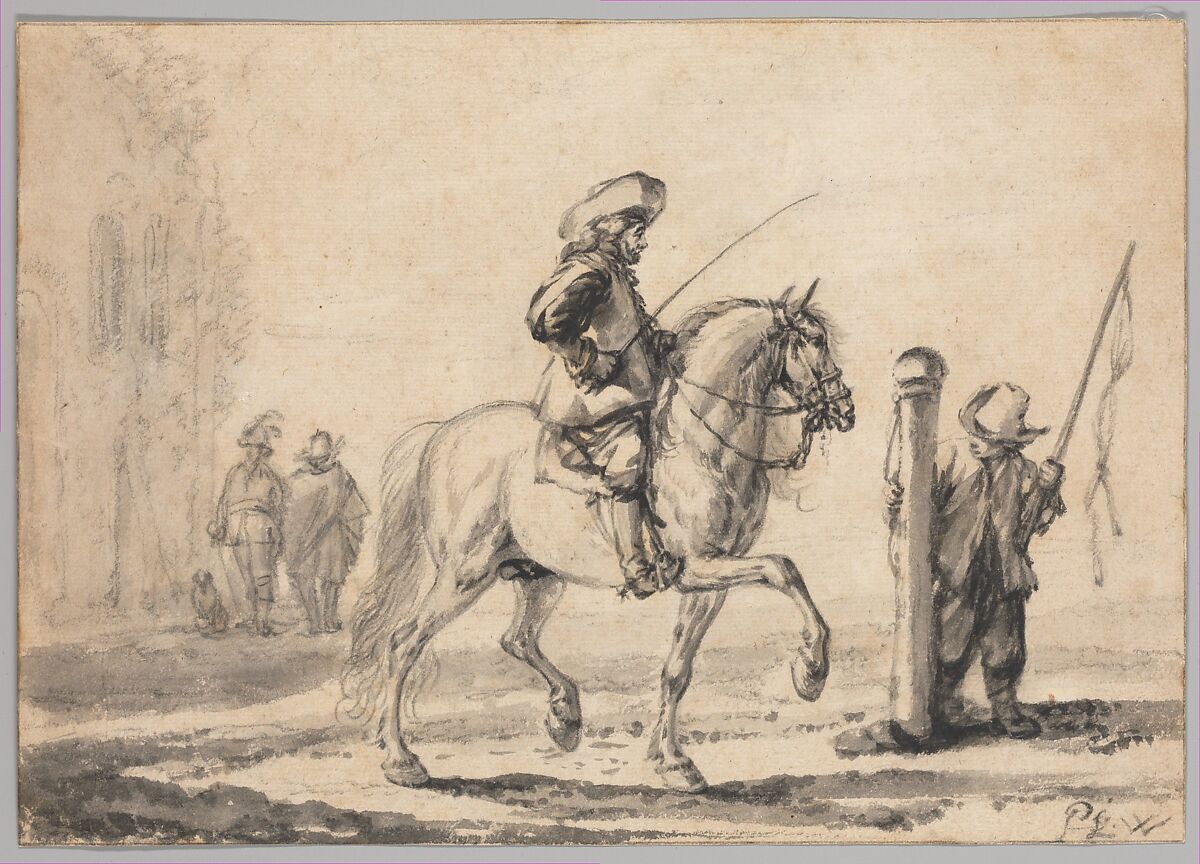 A Mounted Grey Horse Being Schooled in Piaffe, Philips Wouwerman (Dutch, Haarlem 1619–1668 Haarlem), Black chalk, graphite, brush and gray wash; framing lines in black chalk or graphite, by a later hand