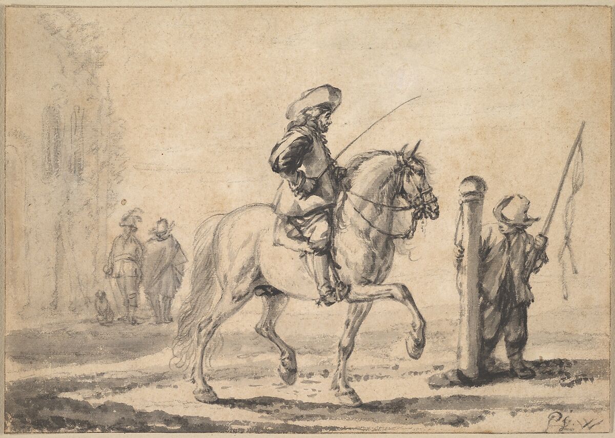 A Mounted Grey Horse Being Schooled in Piaffe, Philips Wouwerman (Dutch, Haarlem 1619–1668 Haarlem), Black chalk, graphite, brush and gray wash; framing lines in black chalk or graphite, by a later hand 