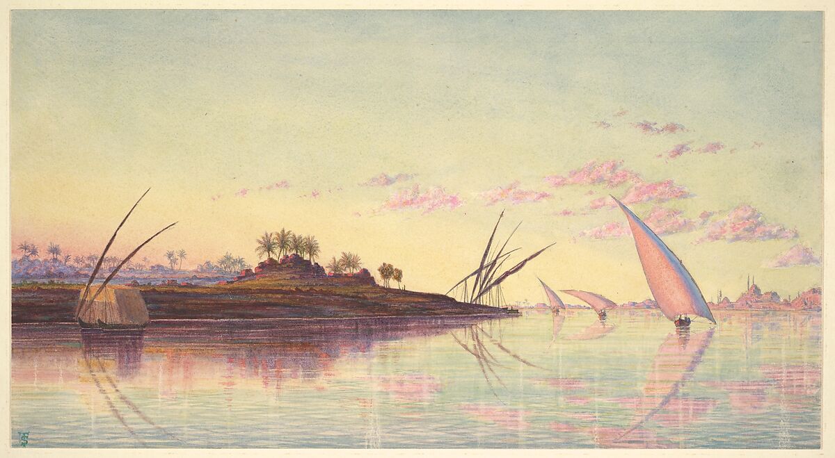View on the Nile near Cairo, Thomas Seddon (British, London 1821–1856 Cairo), Watercolor over graphite with stopping out, heightened with gouache (bodycolor) 