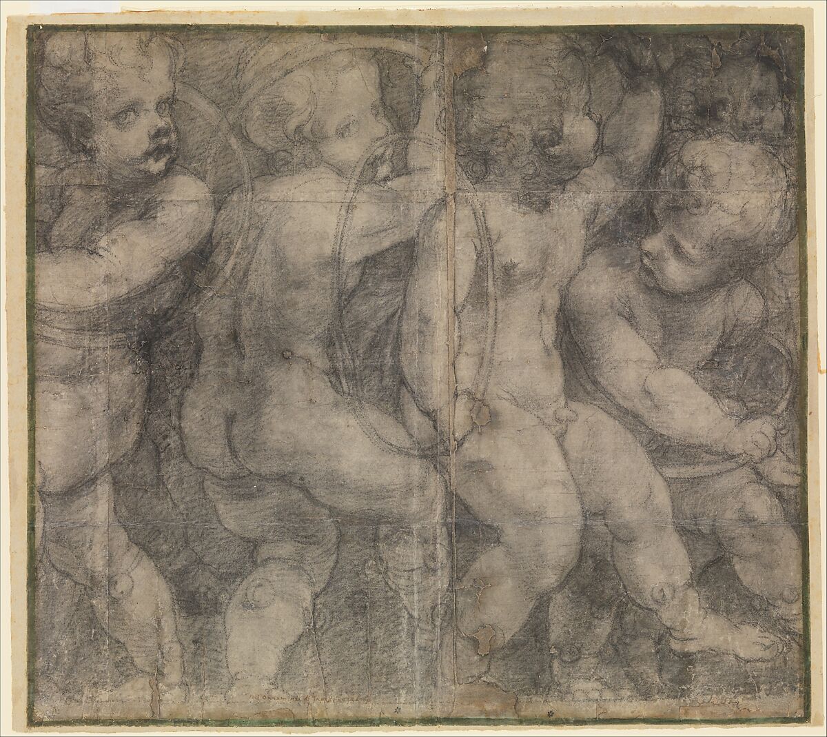 Putti Playing with Hoops (Cartoon for a Fresco in Parma Cathedral), Michelangelo Anselmi (Italian, Siena or Lucca (?) 1492–1556 Parma), Black chalk; outlines pricked for transfer 