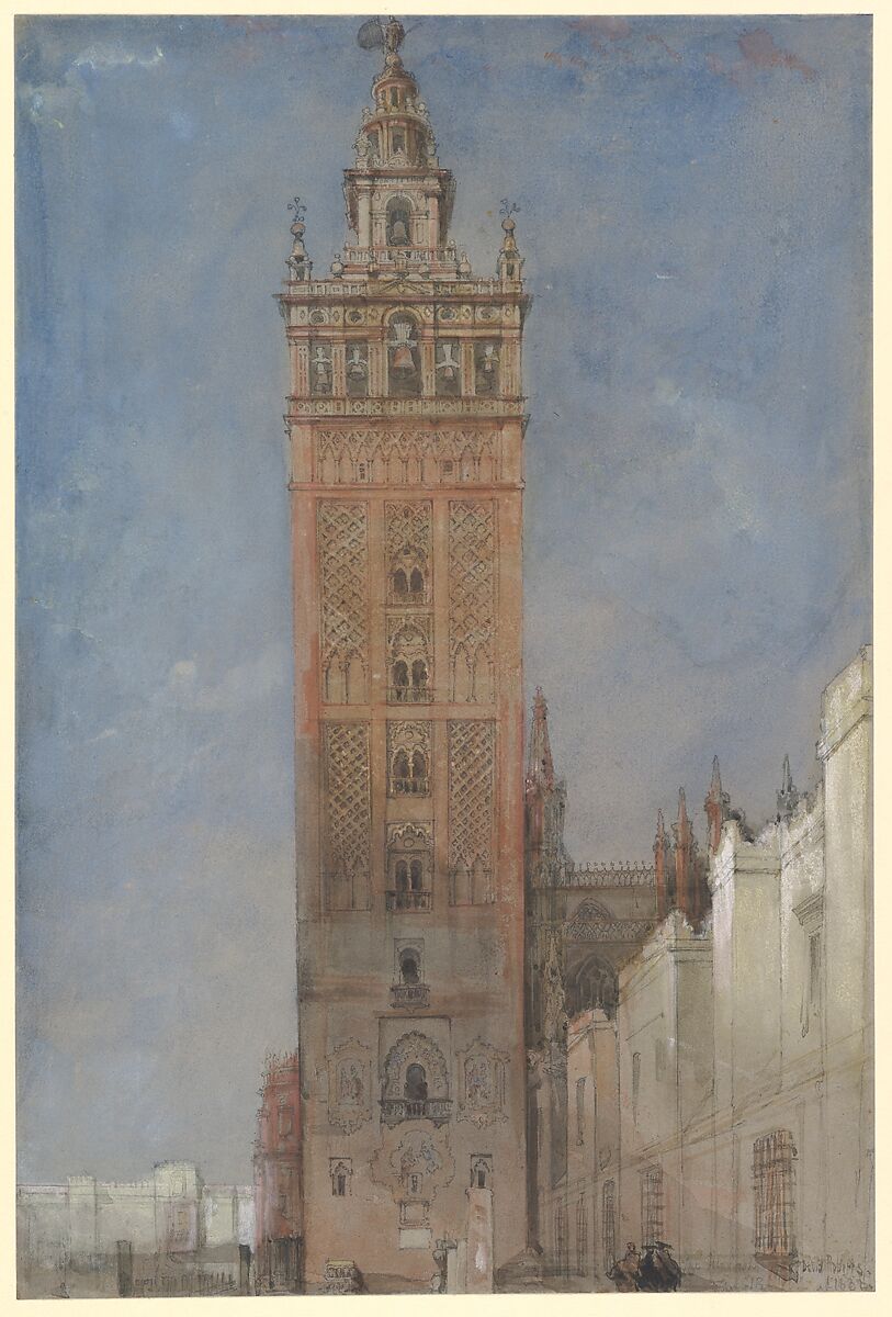 The Giralda, Seville, David Roberts (British, Stockbridge, Scotland 1796–1864 London), Watercolor and gouache (bodycolor) over graphite on blue-gray paper 