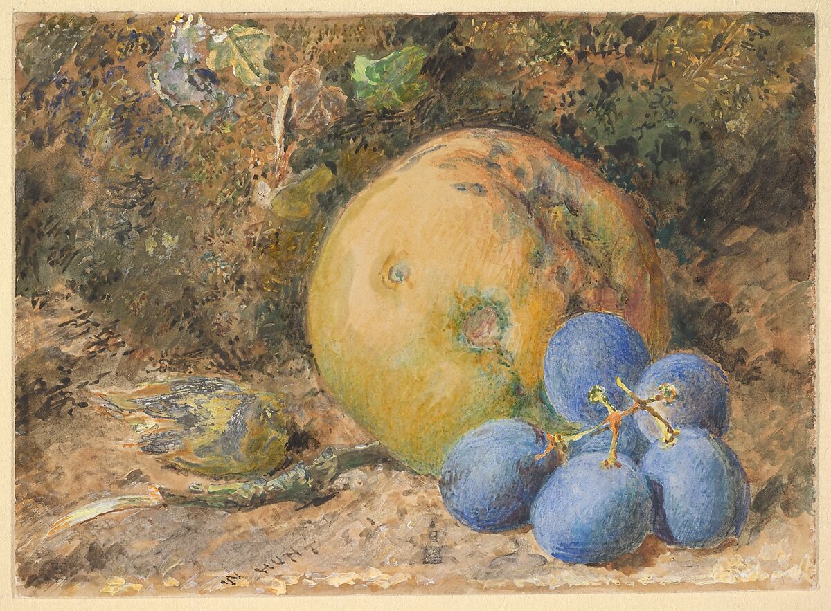 An apple, grapes and a hazelnut on a mossy bank, William Henry Hunt (British, London 1790–1864 London), Watercolor and graphite, heightened with white 