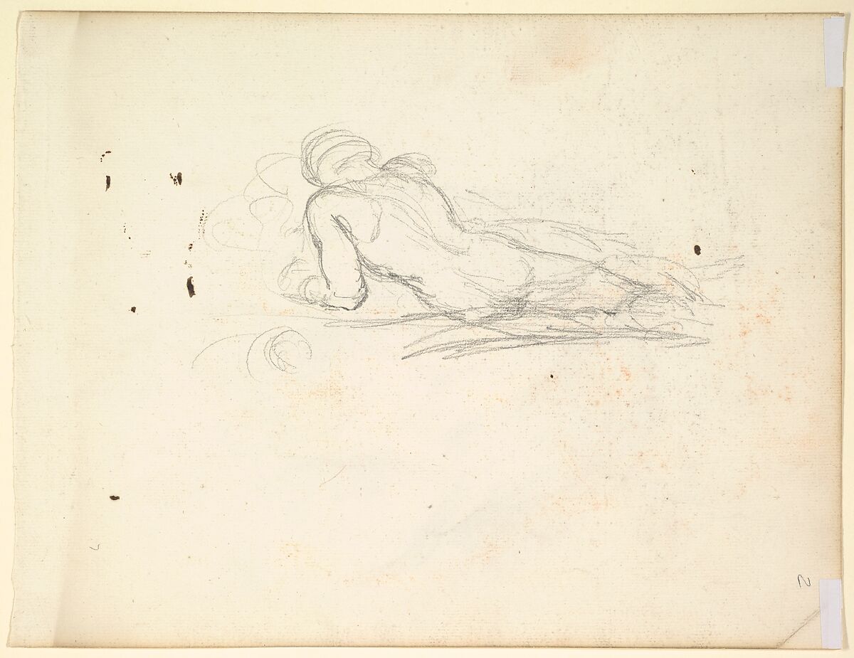 Study for a male figure in "Comus–The Measure" (recto); Reclining male nude (verso), George Richmond (British, Brompton 1809–1896 London), Black chalk
