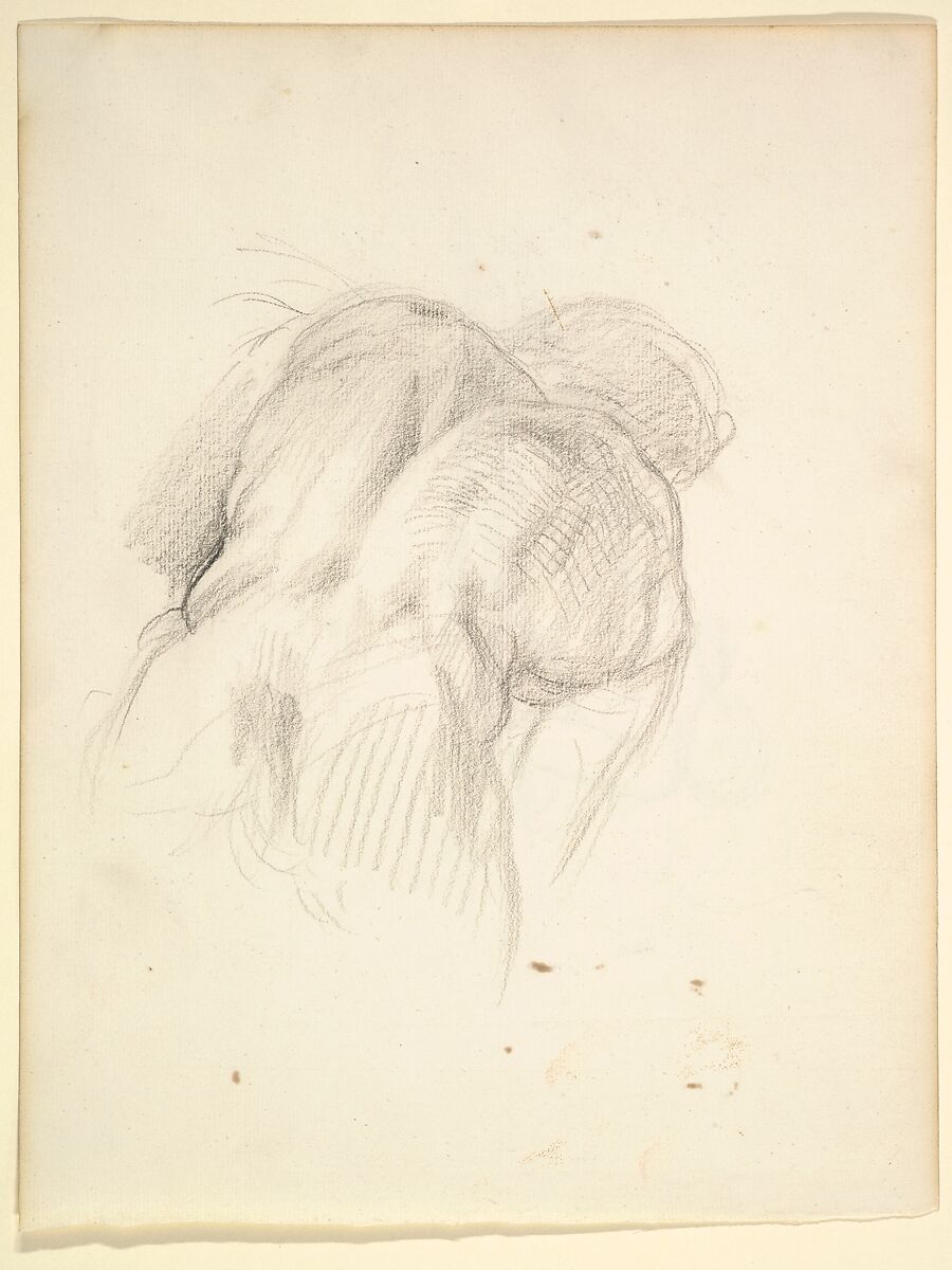 Study for a male figure in "Comus–The Measure" (recto); Reclining male nude (verso), George Richmond (British, Brompton 1809–1896 London), Black chalk 