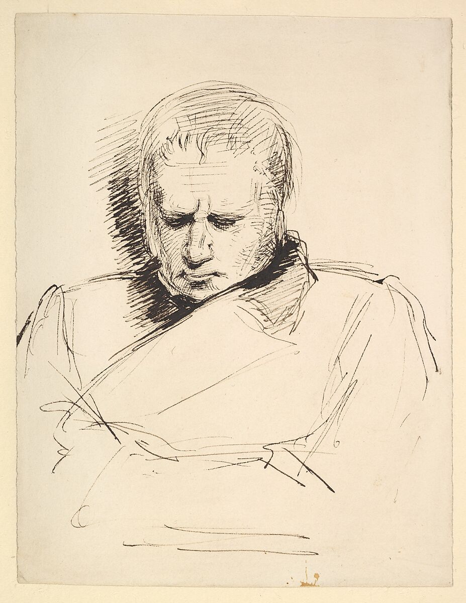 Study of a man gazing down, George Richmond (British, Brompton 1809–1896 London), Pen and brown ink 