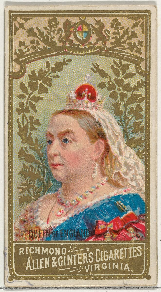 Queen of England, from World's Sovereigns series (N34) for Allen & Ginter Cigarettes, Issued by Allen &amp; Ginter (American, Richmond, Virginia), Commercial color lithograph 
