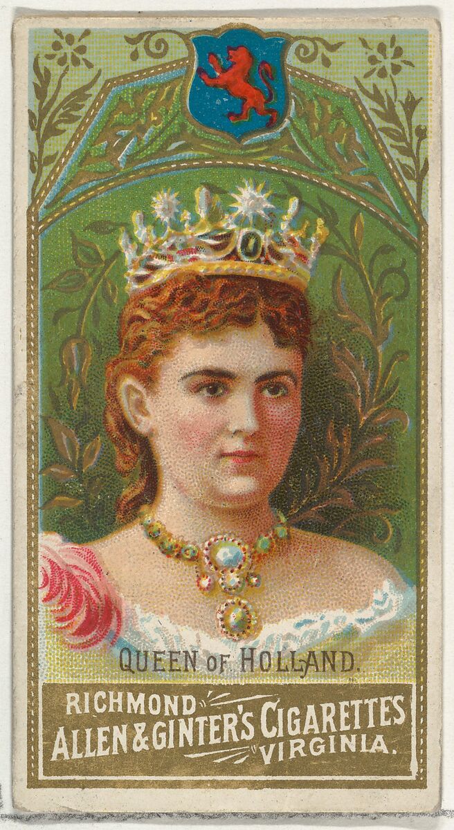 Queen of Holland, from World's Sovereigns series (N34) for Allen & Ginter Cigarettes, Issued by Allen &amp; Ginter (American, Richmond, Virginia), Commercial color lithograph 