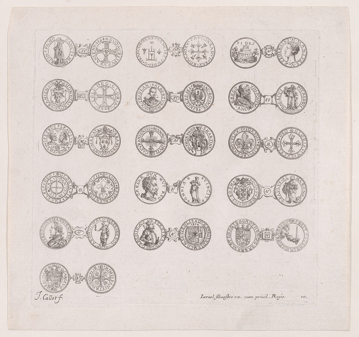Plate 10, Featuring 16 Coins Issued by European Princes in the 16th and 17th centuries, from "Les Monnaies" (The Currencies), Jacques Callot (French, Nancy 1592–1635 Nancy), Etching 