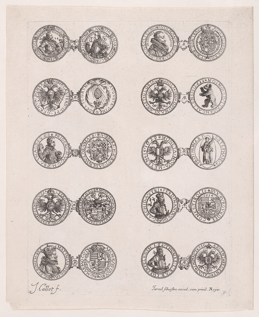 Plate 9, Featuring 10 Coins Issued by European Princes in the 16th and 17th centuries, from "Les Monnaies" (The Currencies), Jacques Callot (French, Nancy 1592–1635 Nancy), Etching 