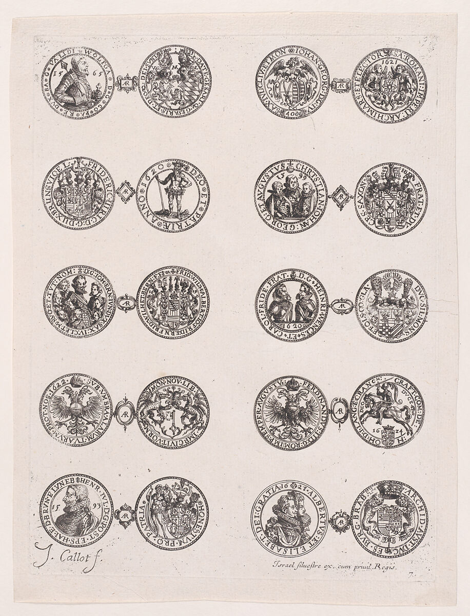 Plate 7, Featuring 10 Coins Issued by European Princes in the 16th and 17th centuries, from "Les Monnaies" (The Currencies), Jacques Callot (French, Nancy 1592–1635 Nancy), Etching 