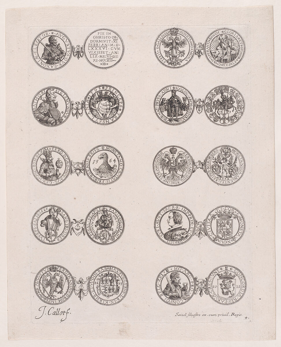 Plate 4, Featuring 10 Coins Issued by European Princes in the 16th and 17th centuries, from "Les Monnaies" (The Currencies), Jacques Callot (French, Nancy 1592–1635 Nancy), Etching 