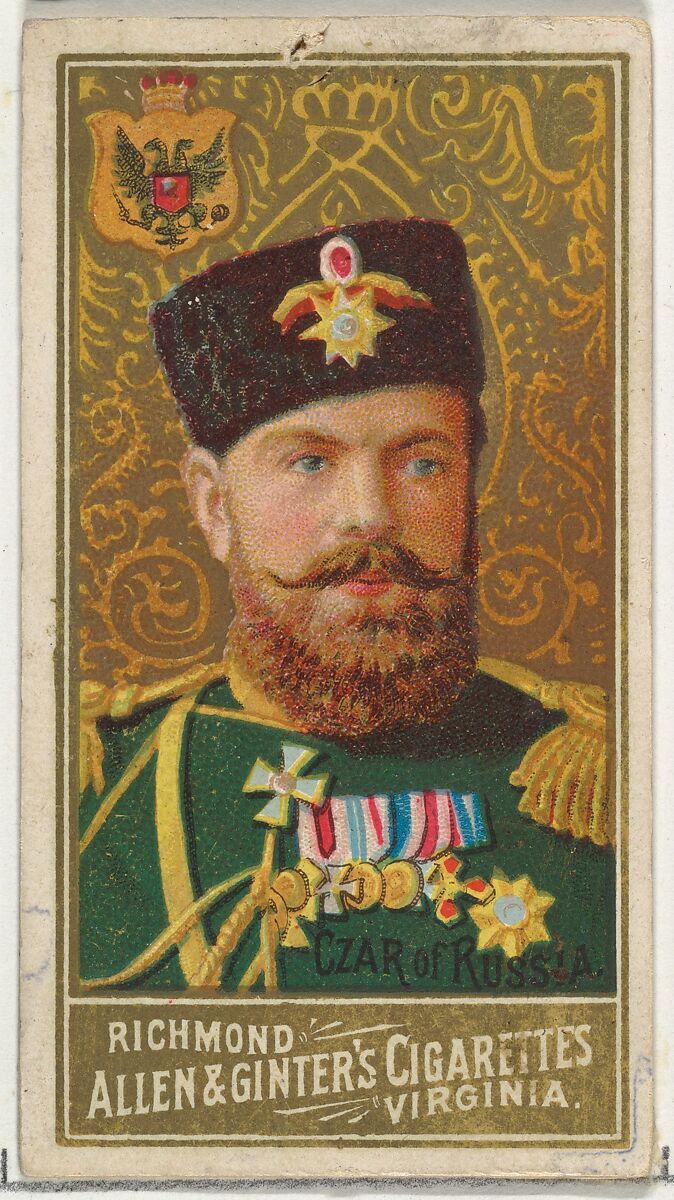 Czar of Russia, from World's Sovereigns series (N34) for Allen & Ginter Cigarettes, Issued by Allen &amp; Ginter (American, Richmond, Virginia), Commercial color lithograph 