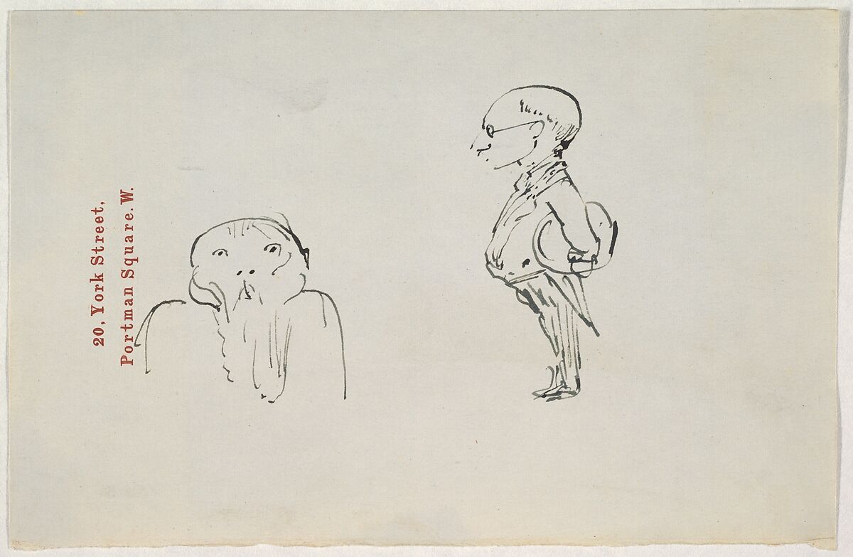 Caricature of two men (one of them possibly Edward Burne-Jones), Attributed to Sir Edward Burne-Jones (British, Birmingham 1833–1898 Fulham), Pen and black ink, on writing paper 