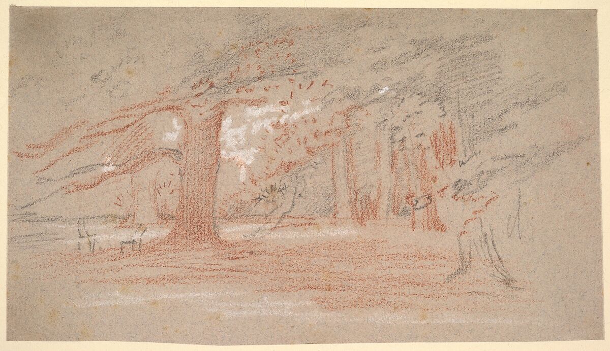 Cedar Trees in a Park, George Richmond (British, Brompton 1809–1896 London), Black, red and white chalk on brown paper 