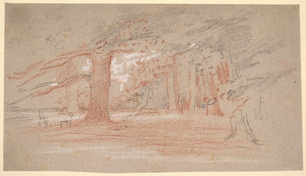 Cedar trees in a park, George Richmond (British, Brompton 1809–1896 London), Black, red and white chalk on brown paper 