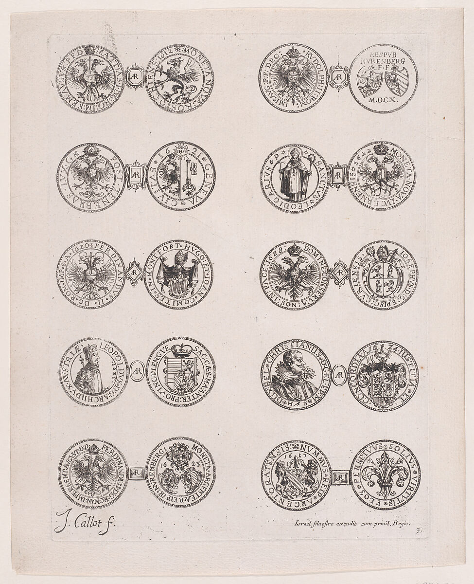 Plate 3, Featuring 10 Coins Issued by European Princes in the 16th and 17th centuries, from "Les Monnaies" (The Currencies), Jacques Callot (French, Nancy 1592–1635 Nancy), Etching 
