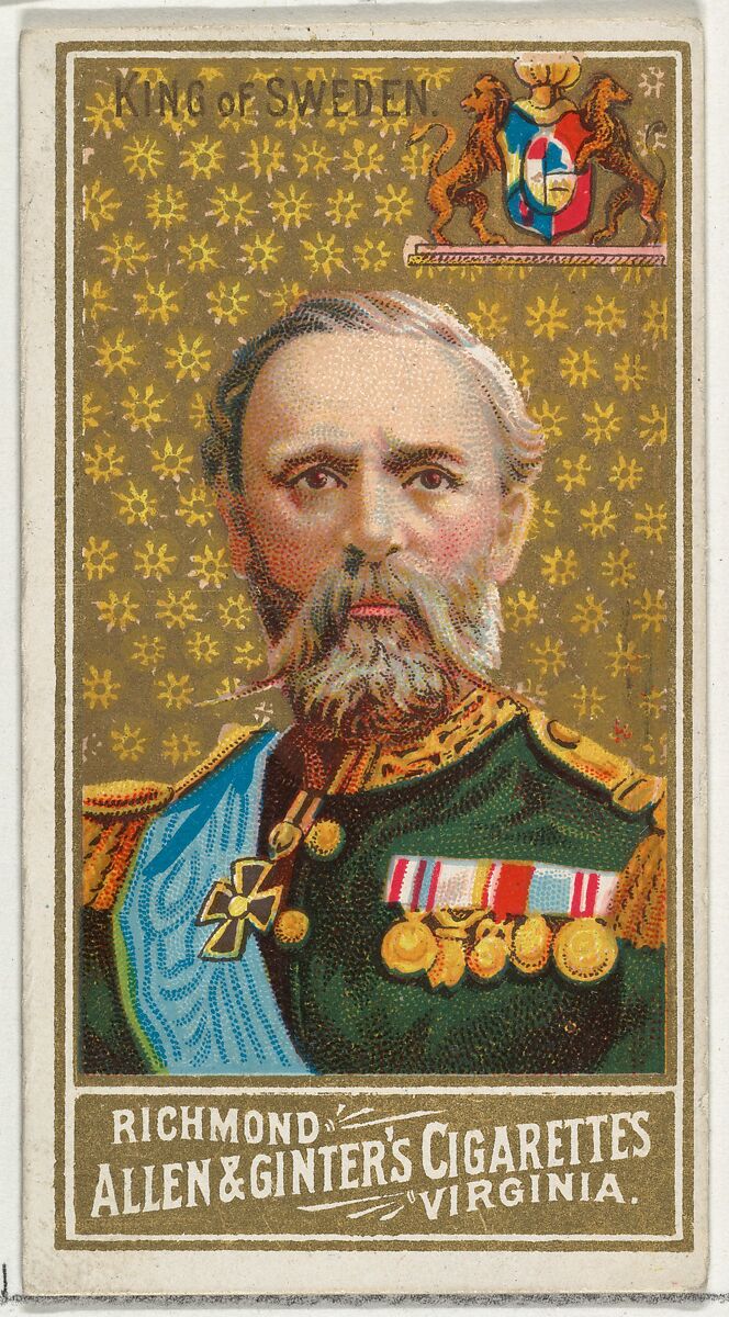King of Sweden, from World's Sovereigns series (N34) for Allen & Ginter Cigarettes, Issued by Allen &amp; Ginter (American, Richmond, Virginia), Commercial color lithograph 