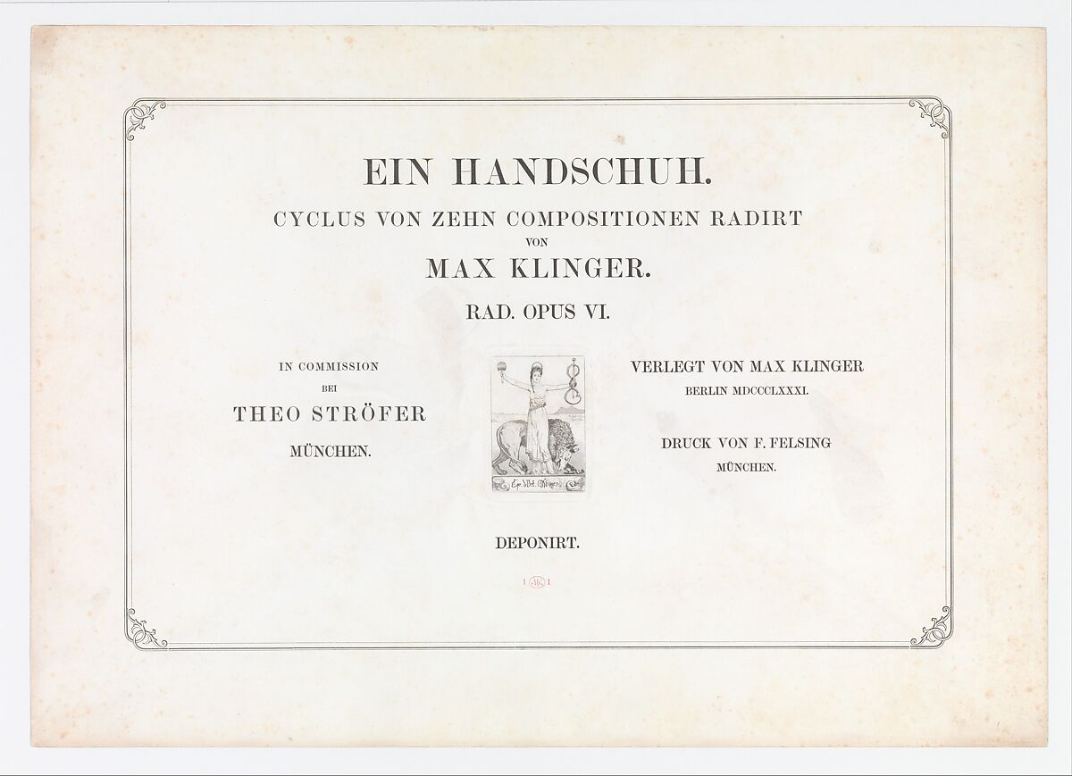 Title Page from Ein Handschuh (A Glove). Cyclus von zehn Compositionen radirt. Rad. Opus VI. First edition, Max Klinger (German, Leipzig 1857–1920 Großjena), Title-page with an etching; housed in original portfolio; first edition 