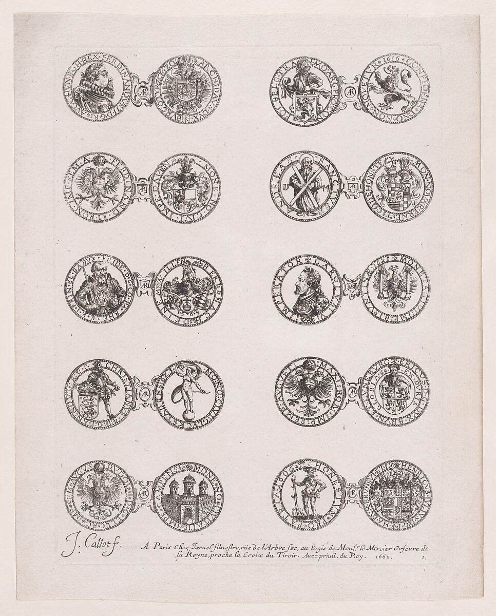 Plate 1, Featuring 10 Coins Issued by European Princes in the 16th and 17th centuries, from "Les Monnaies" (The Currencies), Jacques Callot (French, Nancy 1592–1635 Nancy), Etching 