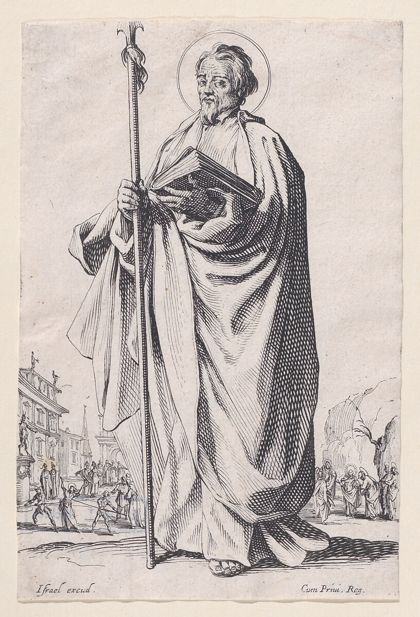 St. Thomas, from "Les Grands Apôtres Debout, Représentant Le Sauveur, La Bienheureuse Marie et Les Saints Apôtres" (The Large Standing Apostles, Representing The Savior, The Blessed Mary and The Apostles), Jacques Callot (French, Nancy 1592–1635 Nancy), Etching; second state of three (Lieure) 