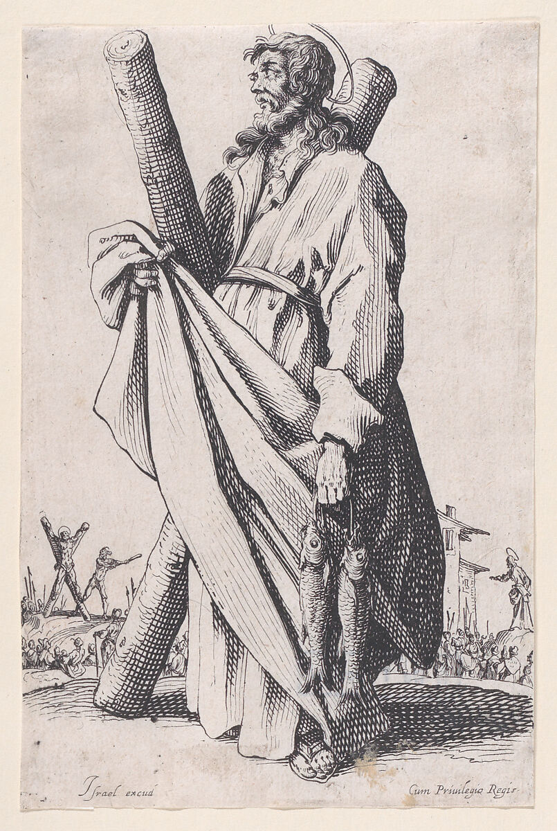 St. Andrew, from "Les Grands Apôtres Debout, Représentant Le Sauveur, La Bienheureuse Marie et Les Saints Apôtres" (The Large Standing Apostles, Representing The Savior, The Blessed Mary and The Apostles), Jacques Callot (French, Nancy 1592–1635 Nancy), Etching; second state of three (Lieure) 