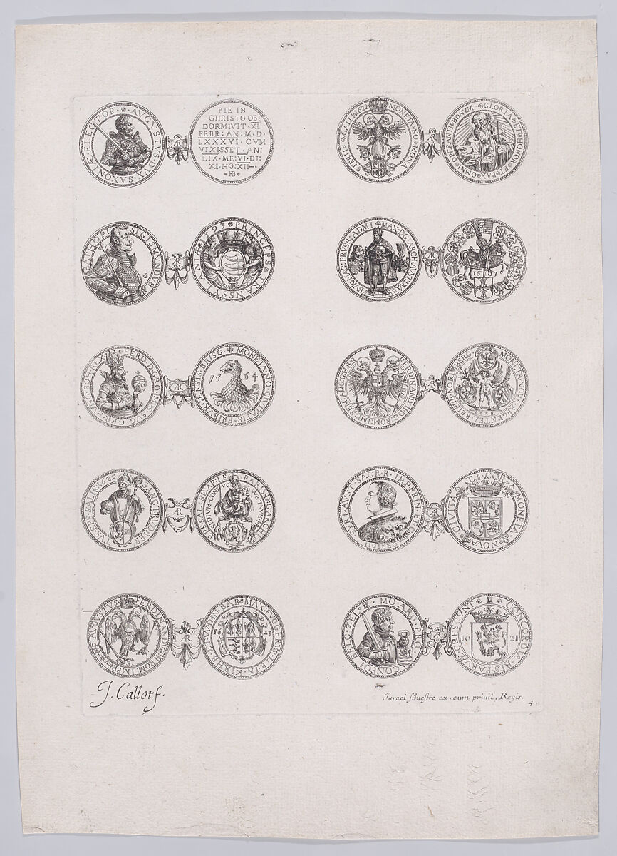 4th Plate, Featuring 10 Coins Issued by European Princes in the 16th and 17th centuries, from Les Monnaies (The Currencies), Jacques Callot (French, Nancy 1592–1635 Nancy), Etching 