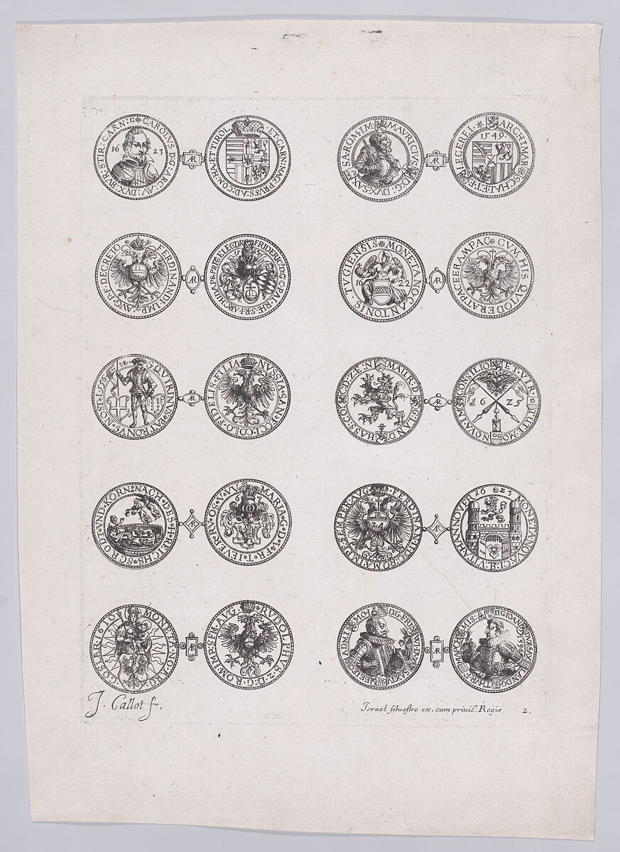 2nd Plate, Featuring 10 Coins Issued by European Princes in the 16th and 17th centuries, from Les Monnaies (The Currencies), Jacques Callot (French, Nancy 1592–1635 Nancy), Etching 