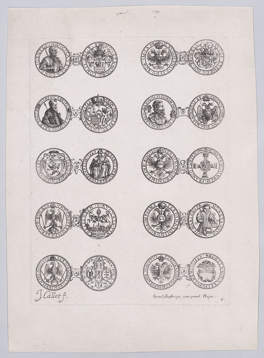 6th Plate, Featuring 10 Coins Issued by European Princes in the 16th and 17th centuries, from Les Monnaies (The Currencies), Jacques Callot (French, Nancy 1592–1635 Nancy), Etching 