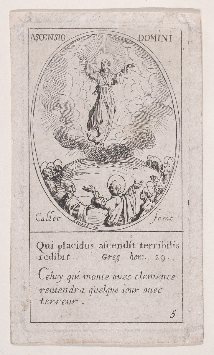 L'Ascension (The Ascension of Christ), Feast of the Ascension, scene 5 from Images des Fêtes Mobiles (Images of Moveable Feasts from the Christian Calendar), part of "Les Images De Tous Les Saincts et Saintes de L'Année" (Images of All of the Saints and Religious Events of the Year), Jacques Callot (French, Nancy 1592–1635 Nancy), Etching; fourth state of five (Lieure) 