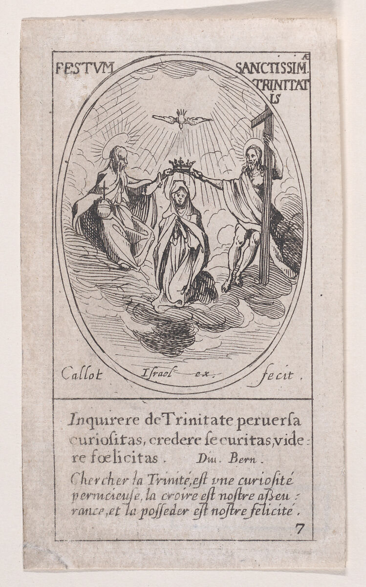 La Trinité (The Trinity), Trinity Sunday, scene 7 from Images des Fêtes Mobiles (Images of Moveable Feasts from the Christian Calendar), part of "Les Images De Tous Les Saincts et Saintes de L'Année" (Images of All of the Saints and Religious Events of the Year), Jacques Callot (French, Nancy 1592–1635 Nancy), Etching; fourth state of five (Lieure) 