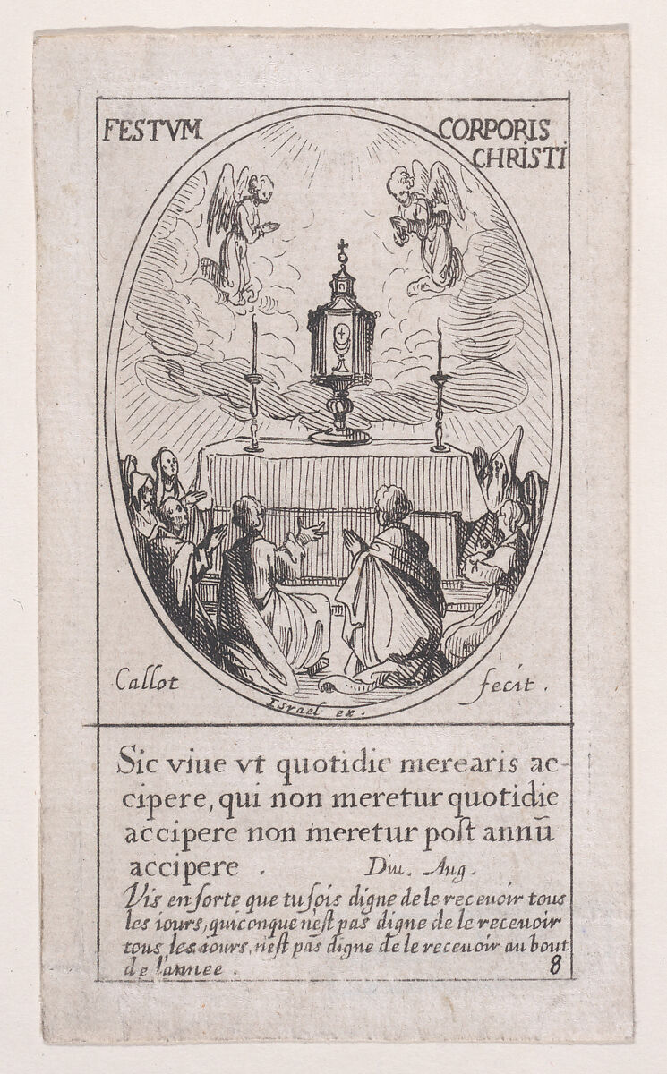 Le Saint-Sacrement de l'autel (The Holy Sacrament of the Altar), Feast of Corpus Christi, scene 8 from Images des Fêtes Mobiles (Images of Moveable Feasts from the Christian Calendar), part of "Les Images De Tous Les Saincts et Saintes de L'Année" (Images of All of the Saints and Religious Events of the Year), Jacques Callot (French, Nancy 1592–1635 Nancy), Etching; fourth state of five (Lieure) 