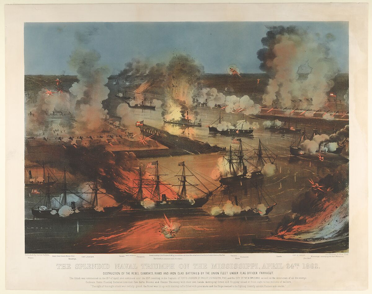 The Splendid Naval Triumph on the Mississippi, April 24th, 1862: Destruction of the Rebel Gunboats, Rams, and Iron Clad Batteries by the Union Fleet under Flag Officer Farragut, Currier &amp; Ives (American, active New York, 1857–1907), Color lithograph 
