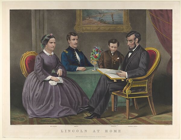 Lincoln at Home, After G. Thomas (American, 19th century), Hand-colored lithograph 