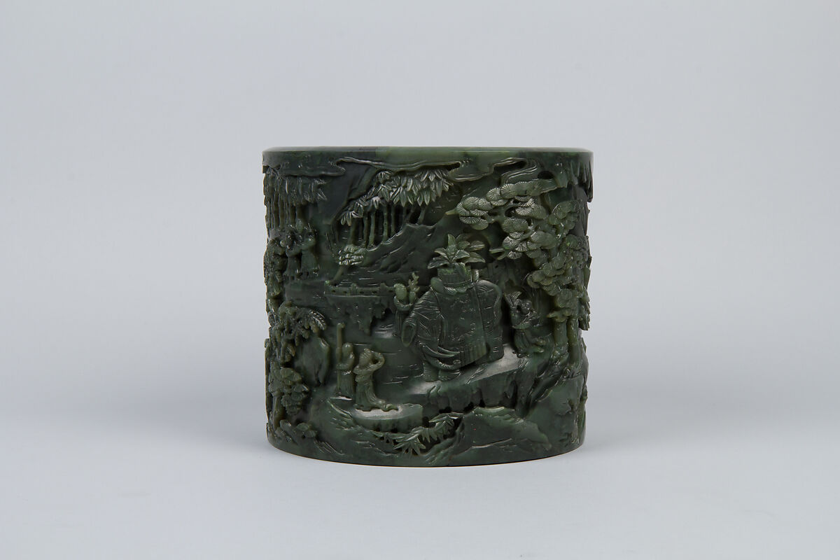 Brush holder with tribute scene, Jade (nephrite), China