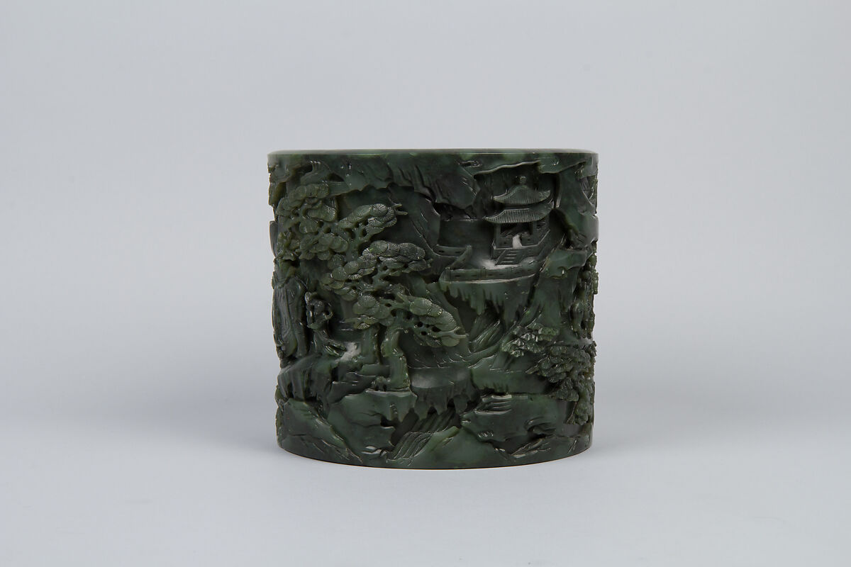 Brush holder with tribute scene, Jade (nephrite), China