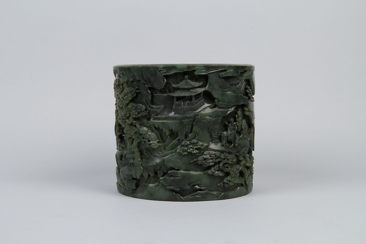 Brush holder with tribute scene, Jade (nephrite), China
